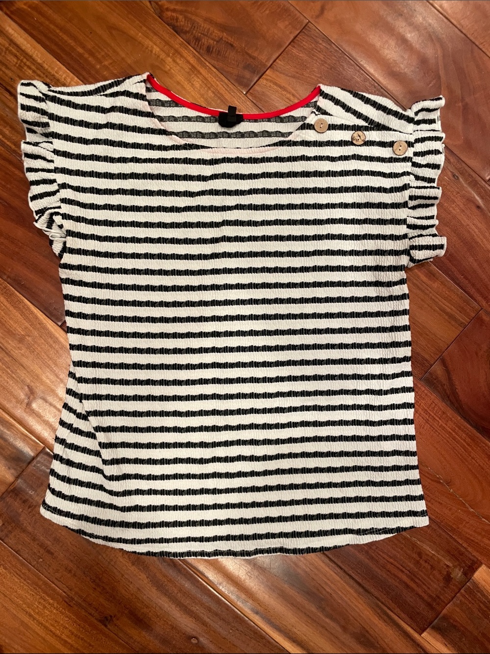 W5 Black and White Striped Ruffled Sleeve Top with Button Detail